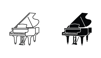 Outline and solid glyph style vector illustration of a classical grand piano musical instrument icon © Aura