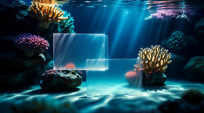 Futuristic transparent digital display frames underwater with vibrant coral reefs and sunlight beams shining through