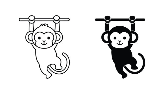 Playful monkey hanging from a branch vector illustration showcasing a cute jungle animal in outline and solid fill icon styles