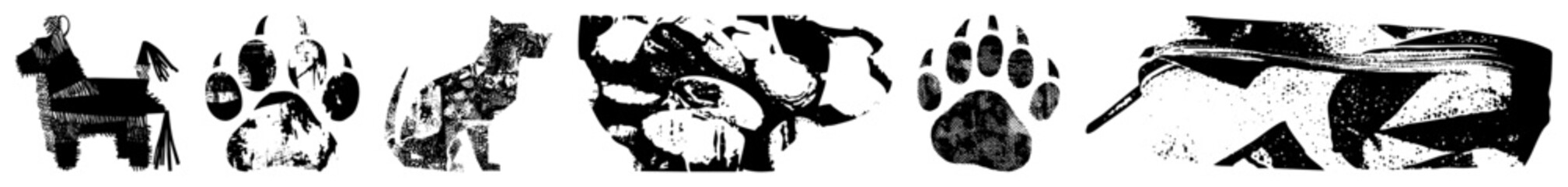 Obraz premium Gritty halftone/stencil dog cutouts terriers, paws, snouts raw energy for urban branding or pet merch. Ideal for posters, decals, apparel that bark louder than they look.
