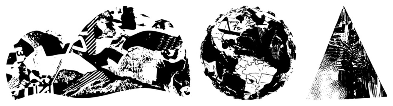 Three stylized vector globe cutouts Earth, world sphere, terra in bold black and white, halftone dots, collage fragmentation. Ideal for modern branding or posters needing gritty, vintage global sy