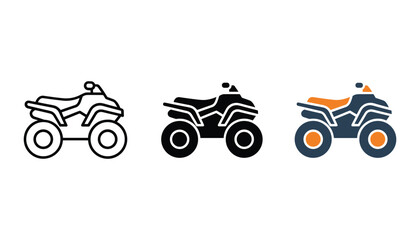 All-terrain vehicle icon set showcasing outline solid and colored quad bike designs for adventure sports and outdoor recreation © Pure