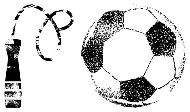 Halftone worn soccer ball & skipping rope, evoking street play and vintage gym. Call it footy or booter gritty cutout with raw texture, bold contrast, ideal for retro sports designs.