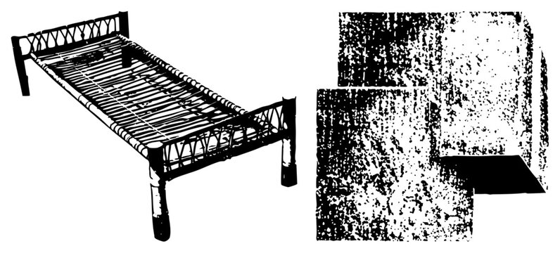 High contrast vector rattan bedframe aka wicker cot or bamboo sleeper with lattice and sturdy legs. Perfect for tropical, rustic, or vintage designs blending clean silhouettes with organ