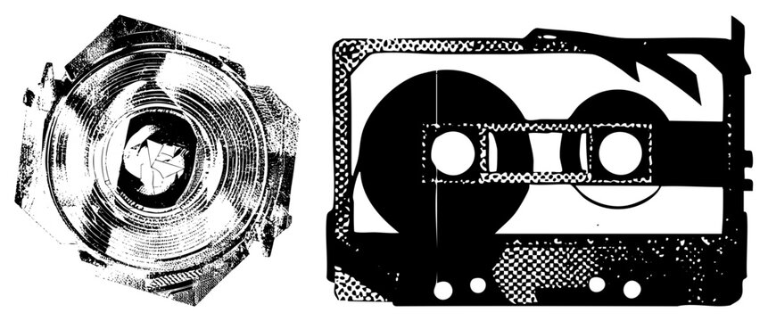 Retro cassette & film canister in gritty halftone/stencil style. Nostalgic analog symbols for music zines or indie film branding.
