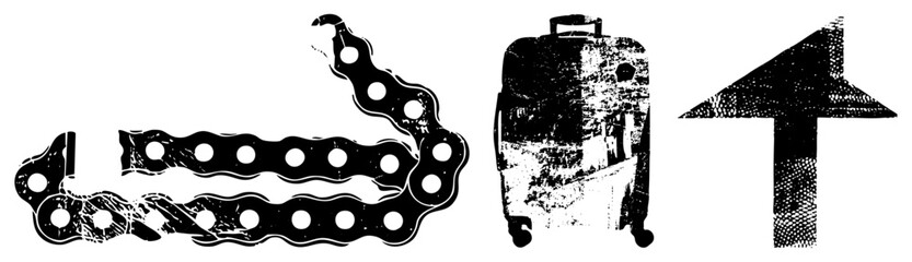 Obraz premium Rugged bike chain, travel suitcase, upward arrow in gritty stencil ideal for adventure branding or workshop decor. “ snake” or “gear worm” for mechanics travelers call bag “wheely buddy” or