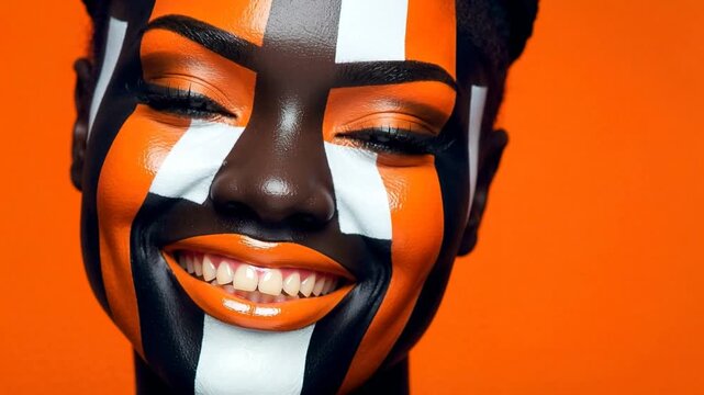 A model smiles and shows different expressions with colorful face paint on a bright orange background. Close-ups capture the details of the makeup and facial features.