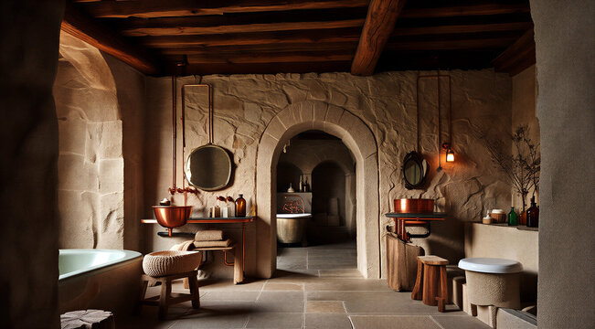 Luxurious rustic bathroom interior with stone walls and wooden ceiling featuring elegant sinks and bathtub