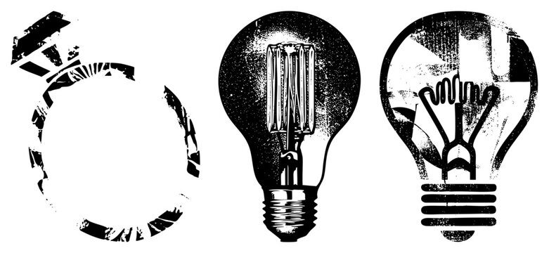 Edgy, high contrast bulbs in distressed B&W one shattered, two intact with exposed. Glow globes or brain buckets raw, retro tech for posters, branding, apparel.