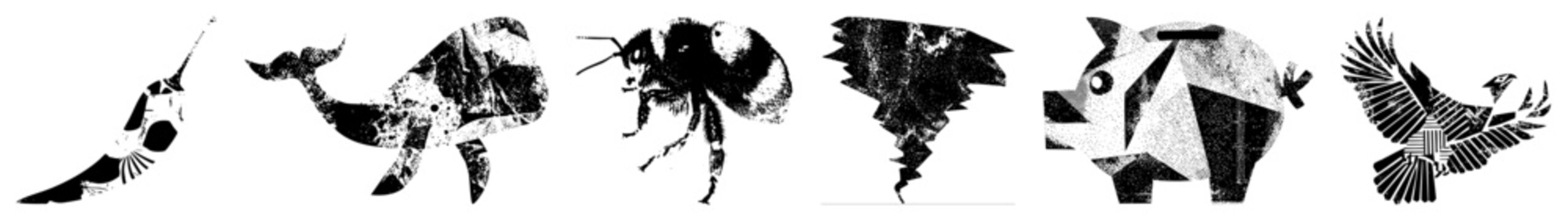 Six gritty halftone, isometric chili, whale, bee, tornado, piggy bank, bird playfully named (&ldquo;spicy stick,&rdquo; &ldquo;brain bucket,&rdquo; etc.). Edgy branding assets ideal as decals or social graphics.