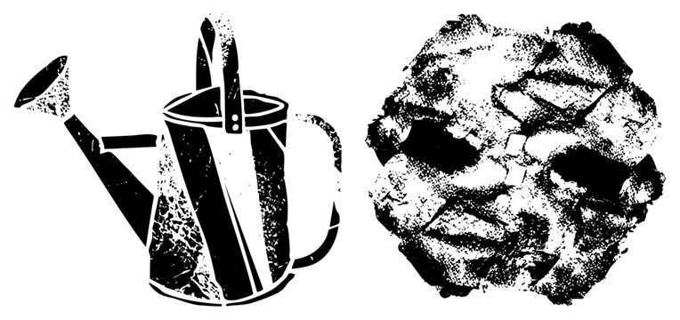 Rustic pour pot/sprinkler can with splatter texture dry earth chunk eco/vintage branding or yard art. Gritty halftone finish adds hand printed charm for posters/apparel.