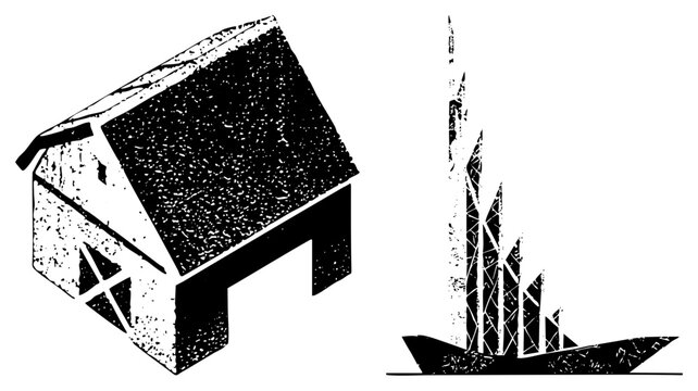 Weathered barn known as hayloft or red barn, paired with a sailboat called dhow or windjammer both rendered in gritty stencil style for bold graphic impact.