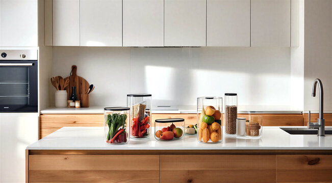 Modern kitchen countertop with glass containers filled with fresh vegetables and fruits in organized storage setup