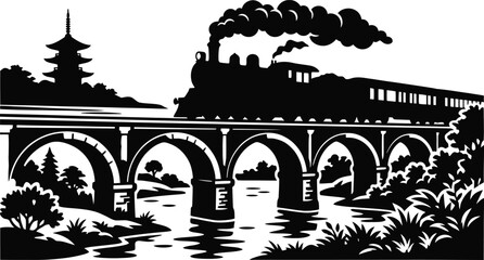 Obraz premium Black silhouette of steam train on bridge with pagoda