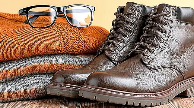 Commercial flat lay: folded sweater, shirt, and shoe stack with black glasses on top. Warm wood surface against light yellow wall. 