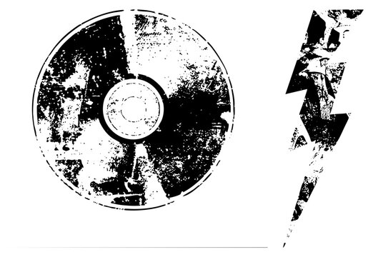 Distressed CD with jagged lightning ideal for punk/retro tech. Known as laser disc/optical platter, it radiates raw energy via halftone decay and stencil texture.