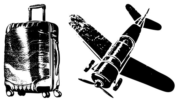 Rolling luggage plane in gritty halftone a nostalgic &ldquo;globe trotter&rsquo;s kit.&rdquo; Ideal for posters, logos, apparel celebrating vintage adventure.