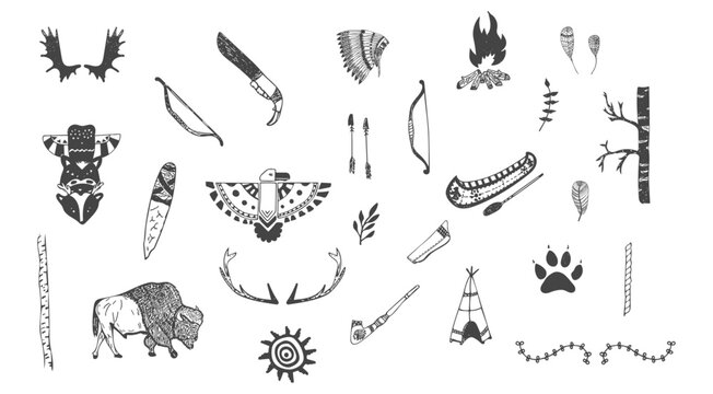 Hand drawn vector set of Native American tribal elements including bison, teepee, totem pole, canoe, headdress, campfire, bow, and arrows. Vintage rustic bohemian illustrations for design.