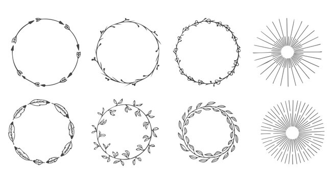 Hand drawn vector floral wreaths, arrow frames, and retro sunbursts. Rustic bohemian circular borders and decorative design elements for wedding invitations, logos, and typography.