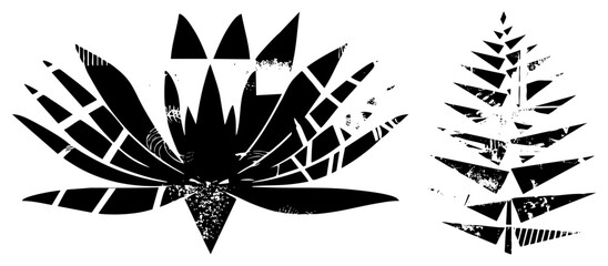 Fototapeta premium Abstract lotus bloom and pine rendered in distressed stencil style, water lily meets evergreen, zen garden vibe with urban edge. Perfect for tattoo flash or streetwear graphics.