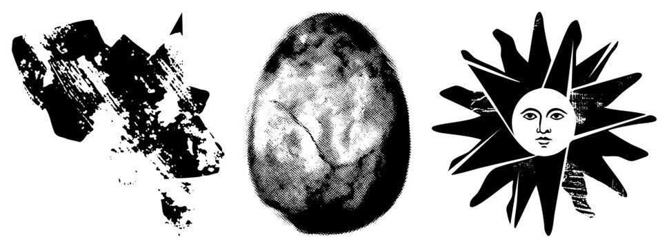 Gritty halftone glyphs splintered fragment, weathered egg stone, sunburst with human face (&ldquo;skull sun&rdquo;). Raw, textured evoke ancient rites, cosmic mystery, esoteric energy ideal for tattoo fl