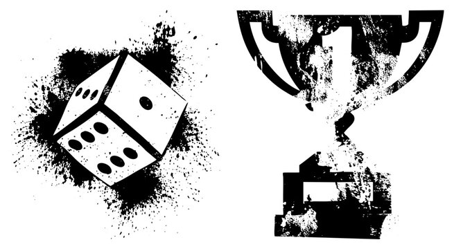 Rolling dice meet champion cup in gritty street art style, craps cube and winner&rsquo;s splattered with ink. Perfect for edgy gaming or victory themed designs.