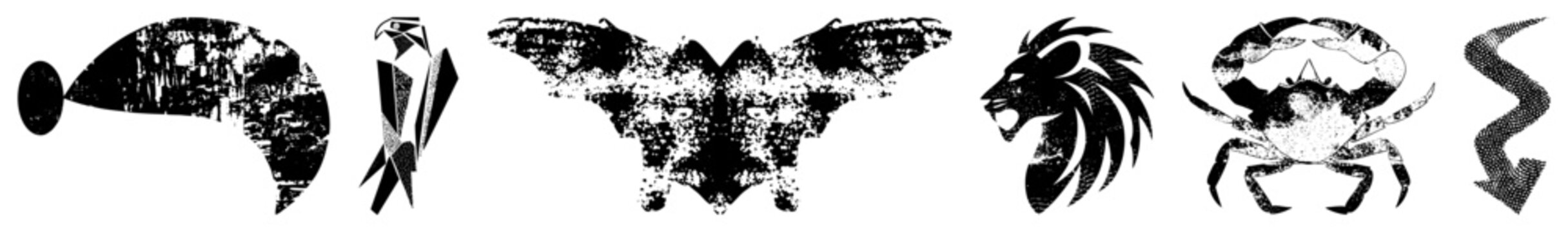 Raw stencil cuts roaring lion, crab claw, bat wings, origami bird, arrow street art with halftone grit. &ldquo;Lion king&rdquo; or &ldquo;crabby&rdquo; vibes for edgy branding or tattoo flash.