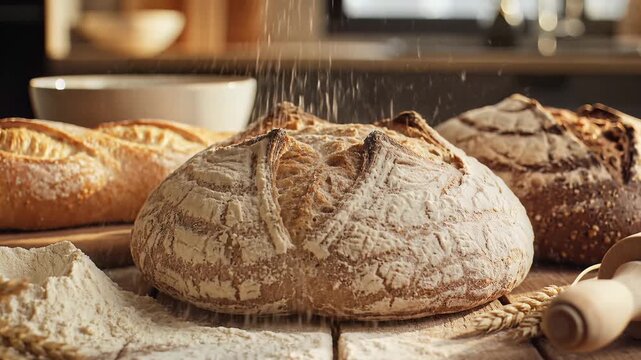 Artisan Sourdough Bread Baking Process Freshly Baked Loaves on Wooden Table.