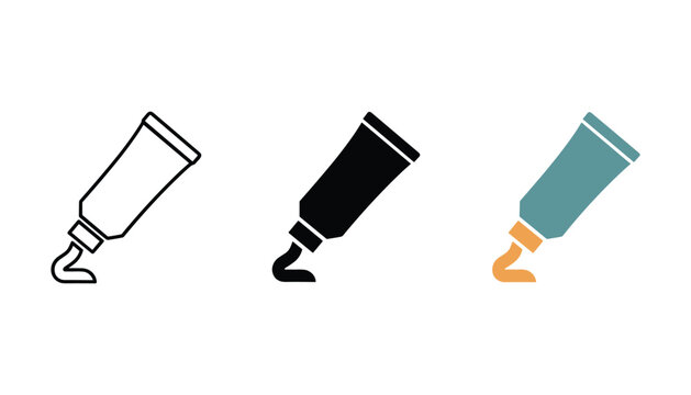 Cosmetic product tube icon set featuring outline solid and flat design styles for toothpaste or cream dispenser symbol collection
