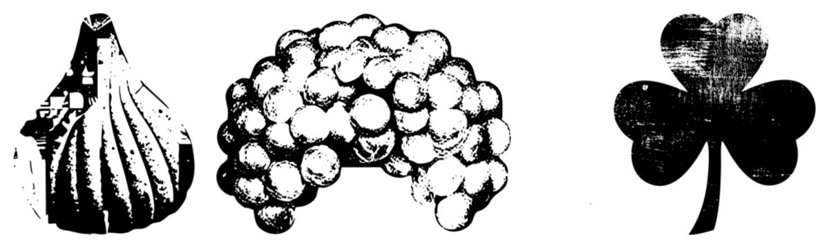 Three stylized symbols breba fig, brain (gray matter/noggin), shamrock (cloverleaf/seamr&oacute;g) in gritty stencil cuts with halftone texture and stark contrast. Ideal for edgy branding or t
