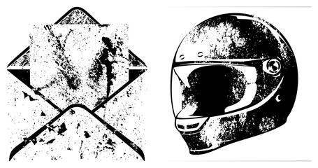 Fototapeta premium Gritty, weathered racing helmet (brain bucket/skid lid) with sticks in bold stencil. halftone evokes vintage motorsport ideal for edgy branding or streetwear.