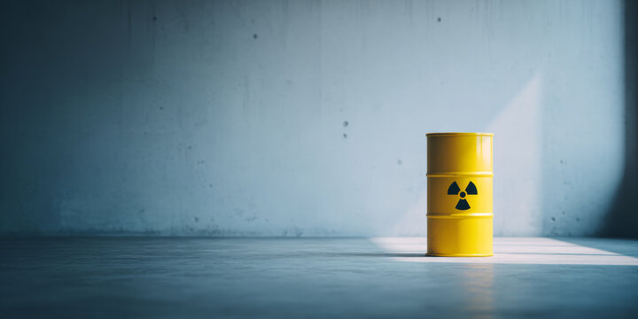Yellow radioactive waste barrel in empty room