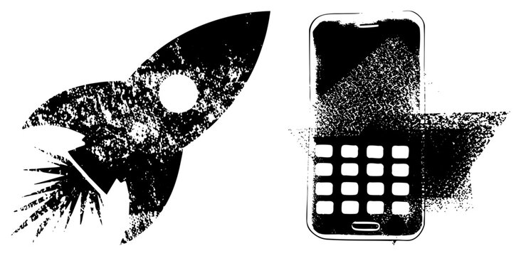 Gritty vintage phone in halftone stencils &ldquo;blastoff stick&rdquo; or &ldquo;comms brick&rdquo; vibes. Ideal for logos/social graphics blending analog digital edge.