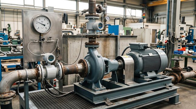 End-suction centrifugal pump on a test bench with pressure gauge and flow meter