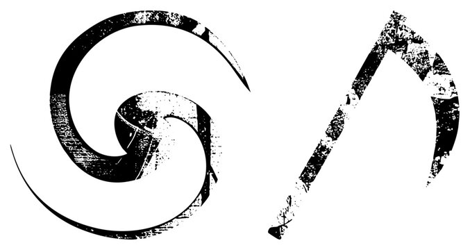 Rugged spiral & curved blade death or reaper&rsquo;s hook in gritty. Weathered, mysterious, decayed ideal for edgy branding/tattoos where raw texture polish.