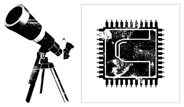 Stargazing scope, skywatcher&rsquo;s tool, paired with a brain both rendered in gritty halftone style. Perfect for edgy tech branding or cosmic education visuals.