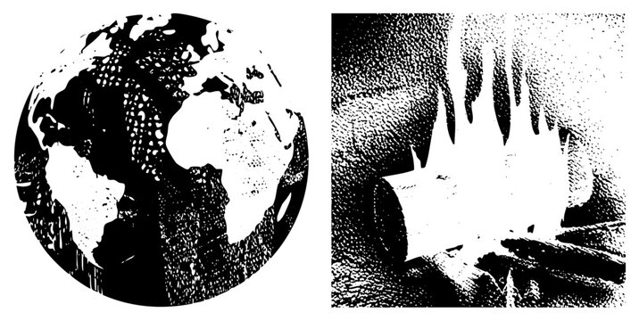 Bold black and white halftone Earth sphere meets cavern mouth, grainy continents and jagged maw evoke retro comic style ideal for edgy posters or branding.