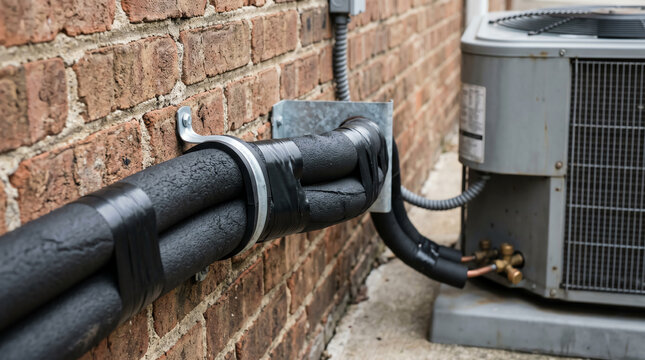 Insulated refrigerant line set running along a building exterior to a condensing unit