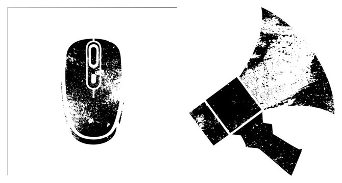 Gritty mouse pad loudspeaker clicker/scroll wheel, bullhorn/shoutbox. Raw, edgy tech visuals for digital campaigns.