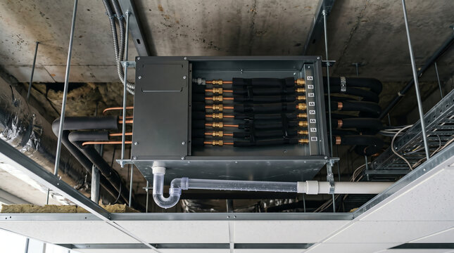 Concealed branch selector box for a VRF heat recovery system above the ceiling