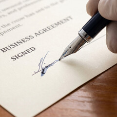Fototapeta premium Pen signing contract on paper in close up studio lighting business agreement