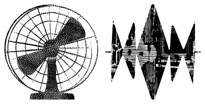Retro electric fan w/ halftone texture, breeze/wind spinner gritty soundwave ideal for indie posters or punk branding.