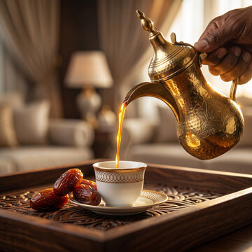 Traditional Arabic coffee being poured from elegant brass dallah into small cup with dates on carved wooden tray, warm hospitality concept in luxurious Middle Eastern interior setting