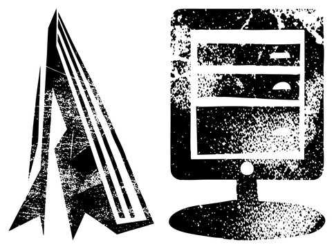 Retro computer setup in gritty halftone stencil style desktop tower, monitor. Known as comp box or rig. Vector graphic with raw texture, evoking vintage tech ideal for edgy branding or p
