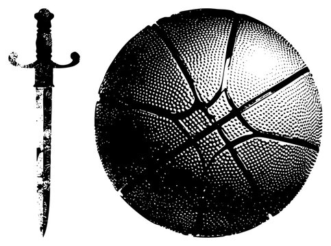 Gritty halftone basketball weathered dagger baller rock meets street edge. Hoops blade for urban designs/team emblems. Streetball soul, sharp attitude.