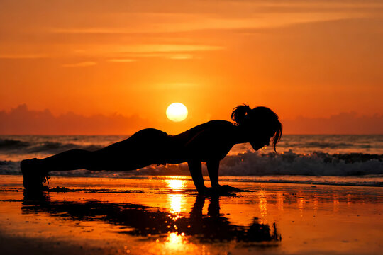 Silhouette of woman doing push-ups on beach at sunset with push up silhouette exercise training athletic outdoors reflection