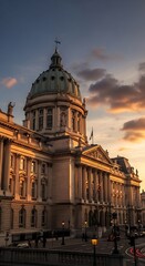 Obraz premium Historic Domed Government Building Glowing at Sunset in European City