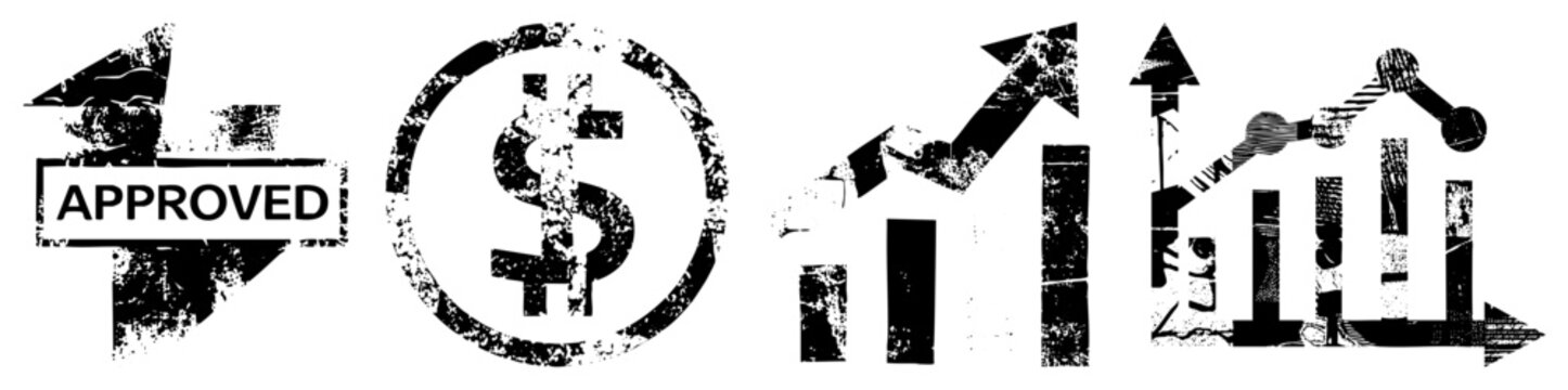 Gritty business graphics with &ldquo;APPROVED&rdquo; stamp, dollar in circle, rising bar/ dubbed greenback glyph or cash stamp set. Evokes raw market energy ideal for bold branding or edgy report co