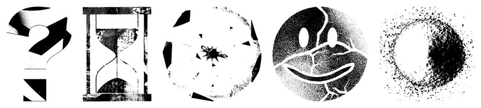 Five stylized glyphs (sand timer, grinning face, celestial sphere) in halftone/stencil styles aka &ldquo;ink splat&rdquo; or &ldquo;grunge emblems.&rdquo; Edgy vector art for streetwear or punk posters.