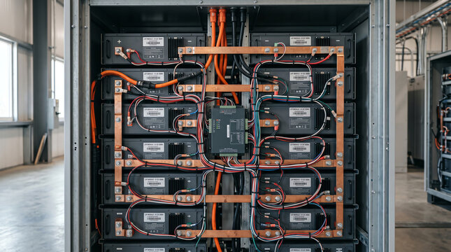 Battery rack interior with stacked LFP modules and busbars inside a BESS container
